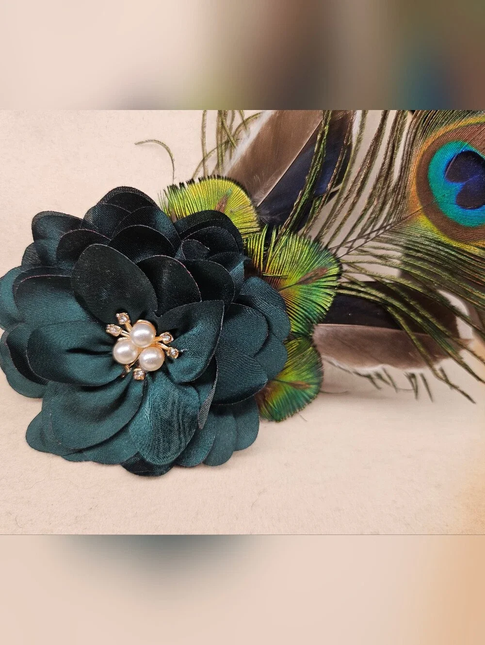 NEW Peacock feather Hat Pin Brooch W/ green satin flower, rhinestones and pearls